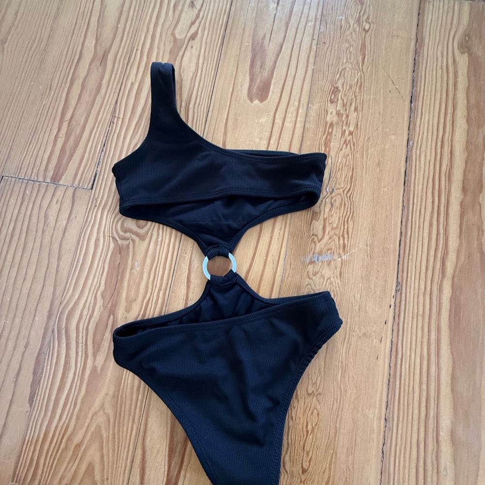 Girls one piece black ribbed swimsuit
